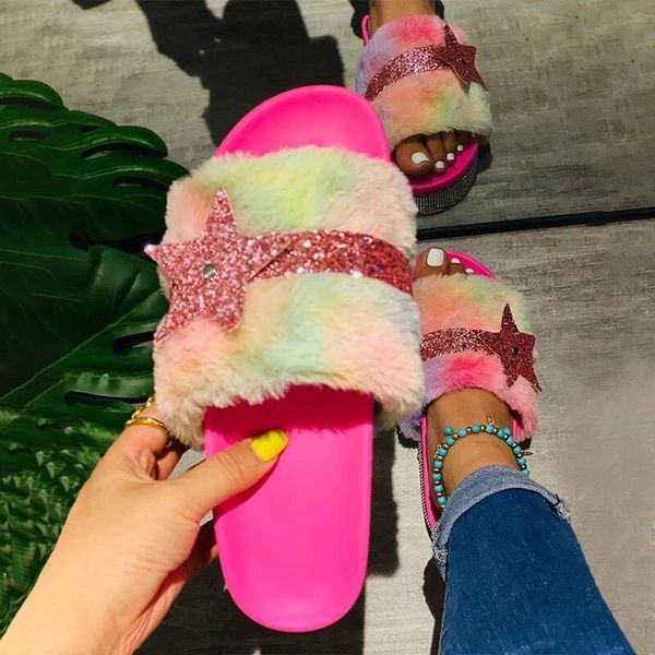 

slippers autumn/winter high-heel flat-bottom rhinestone fur soft and comfortable home durable non-slip casual women sandals qe2x, Black