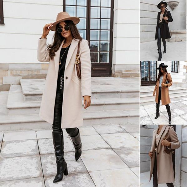 

women's jackets 2021 autumn winter fashion turn-down collar pocket long casual solid sleeve ladies plus size, Black;brown