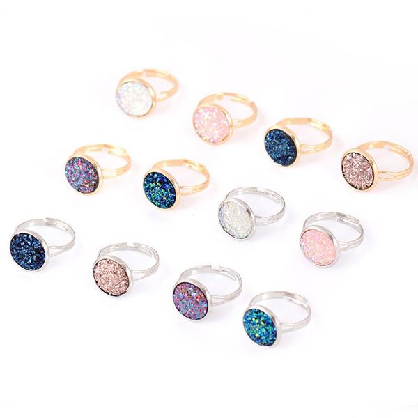 

cluster rings trendy druzy stone finger women silver good color party wedding ring anel jewelry adjustable size, Golden;silver