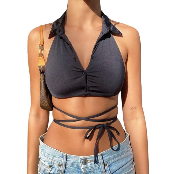 

women tank deep v halter tether wrap vest adults backless solid color lapel tie up button down camisole tube crop women's tank, White