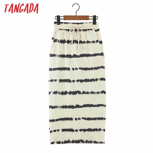 

women tie dyed print midi skirt strethy waist pocket vintage ladies elegant chic mid calf skirts qd06 210416, Black