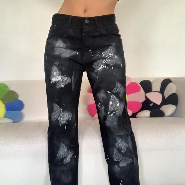 

women's jeans butterfly print europe and america fall winter 2021 style black loose high waist casual straight-leg pants, Blue