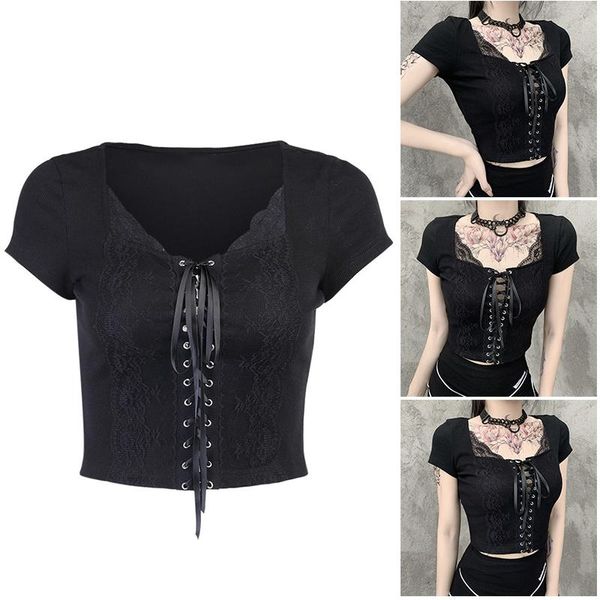 

ly women lace stitching cropped t-shirt black sexys slimming for 2021 summer fashion style women's, White