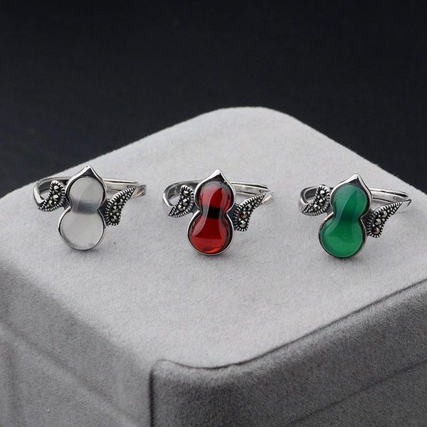 

cluster rings silver inlay stone white chrysoprase agate ring opening female thai restoring ancient ways process gourd mustard, Golden;silver