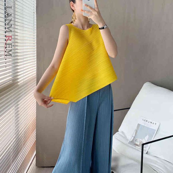 

pleated summer irregular yellow white round neck sleeveless t-shirt with careful design loose 2e1131 210507