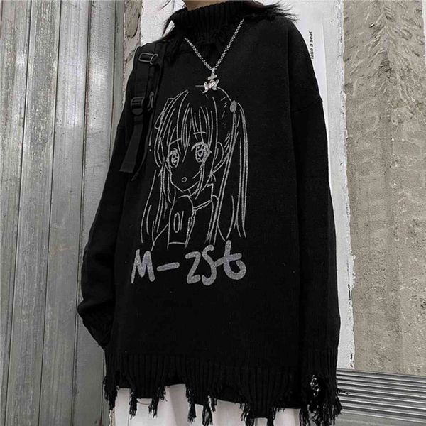

turtleneck dark cartoon casual korean womens sweater ins harajuku oversize loose hole knit street style punk women, White;black