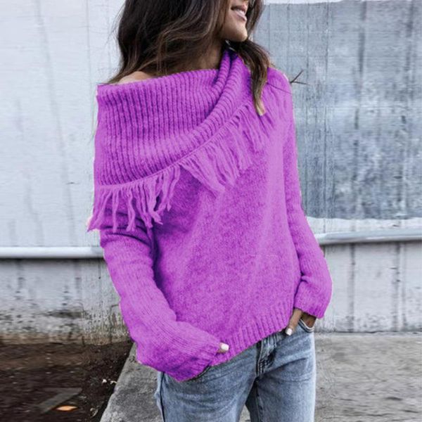 

women's sweaters sweater women autumn winter solid purple shawl off shoulder tassel pullover warm long sleeve knit jumpers plus size, White;black