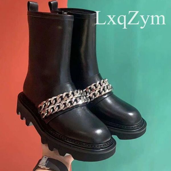 

boots brand design fashion chain black women waterproof platform ankle round toe square heel real leather knit