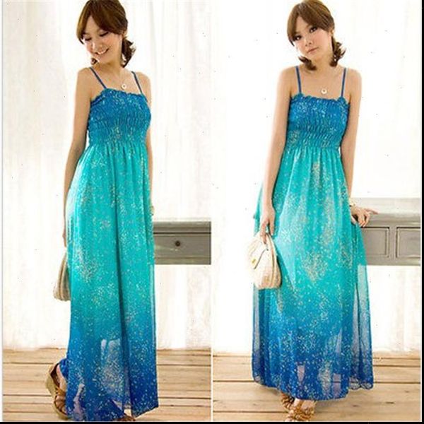 

women dresses floral gradient color long maxi evening party dress beach chiffon spaghetti strap red blue, Black;gray