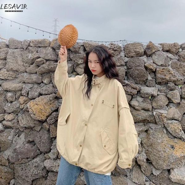 

women's jackets women pleated solid simple casual pocket all-match students loose single breasted streetwear harajuku trendy coat, Black;brown