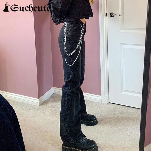 

women's jeans suchcute gothic chain hight waist women punk style fashion denim trousers harajuku aesthetic casual streetwear 90s pants, Blue
