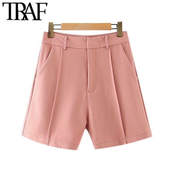 

women chic fashion side pockets straight shorts vintage high waist zipper fly female short pants mujer 210507, White;black