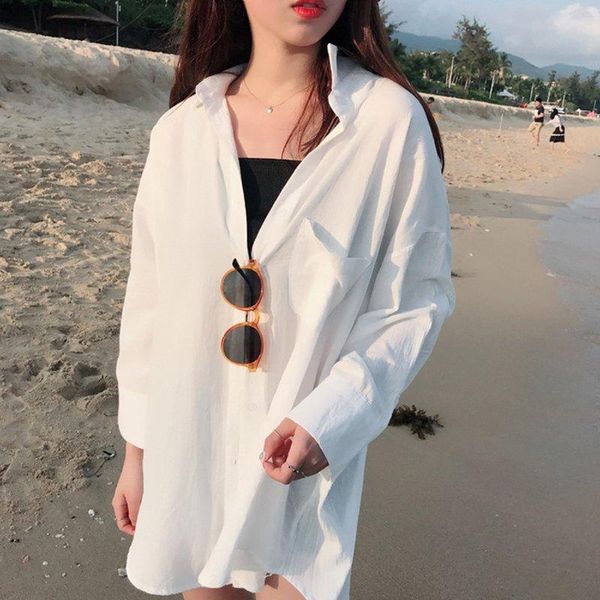

sunscreen beachwear summer white blouse casual cardigan long sleeve sun shirt solid color korean clothes women's blouses & shirts