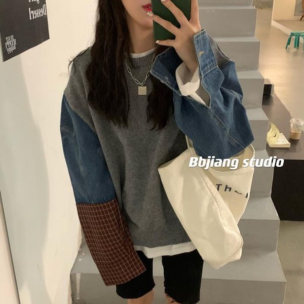 

women's sweaters splicing plaid denim round neck long sleeve sweater spring and autumn thin 2021 korean loose top, White;black