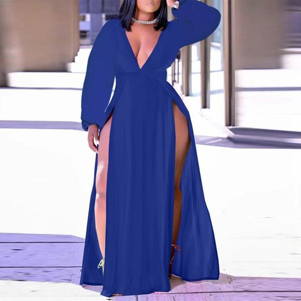 

plus size dresses zjfzml zz women clothing dress elegant deep v neck long sleeve side high split maxi drop wholesale, Black