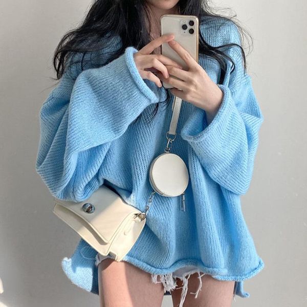 

women's sweaters [ewq] fashion korea chic blue knitted pullovers women autumn 2021 v-neck crimp loose long sleeve sweater female 16e320, White;black