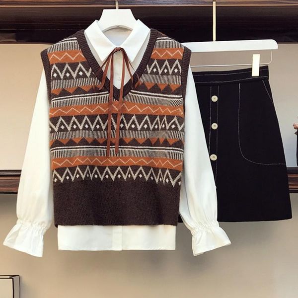 

women's tracksuits three piece sets female 2021 spring autumn fashion white blouse sweater vest short dress women japanese slim button, Gray