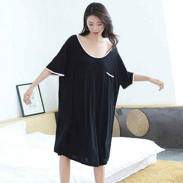 

women's sleepwear modal black nightwear girls loose long nightgown summer short sleeve backless sleepshirt plus size 2xl 3xl female und, Black;red