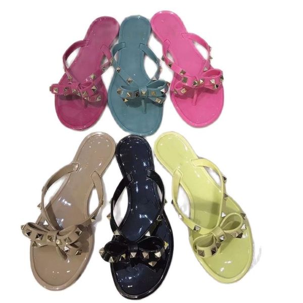 

slippers 2021 women sandals flat jelly shoes bow v flip flops stud beach summer rivets thong nude, Black
