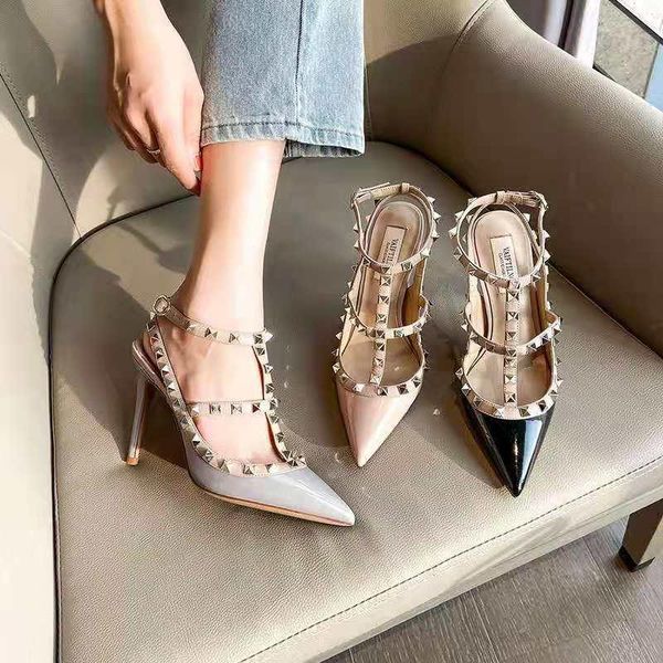

sandals 2021 fashion rivet women shoes summer classic pointed toe stiletto ladies high heeled fit for wedding party, Black