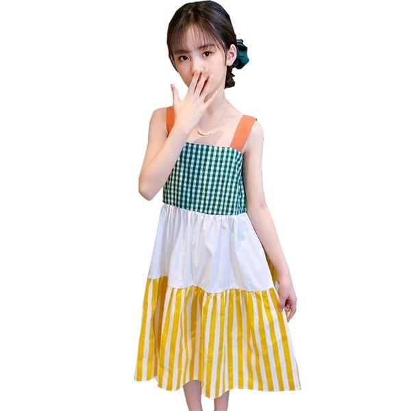 

summer dresses for girls patchwork kids girl plaid pattern children party striped clothes 210528, Red;yellow