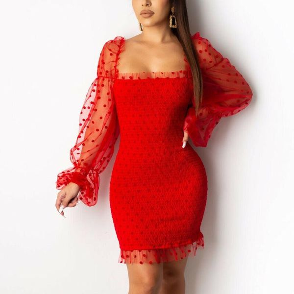 

fashion casual women polka dot dresses long puff sleeve mesh perspective party holiday mini dress fall spring clothes, Black;gray