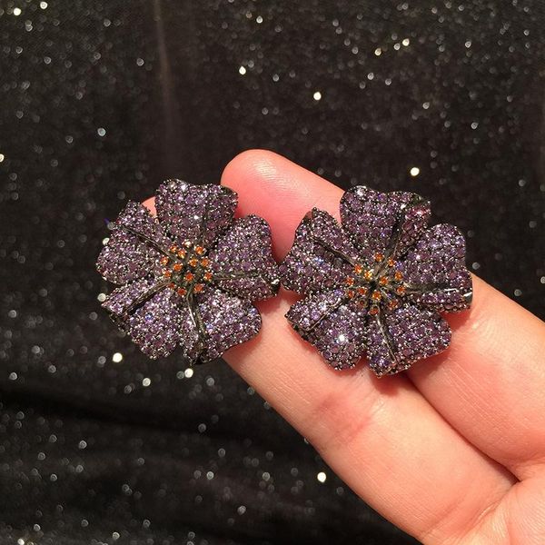 

bilincolor fashion purple camellia cz earrings stud for women wedding party gift, Golden;silver