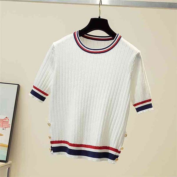 

fashion women's knitwear spring/summer ice silk striped thin and contrasting short t-shirt all-match 210520, White