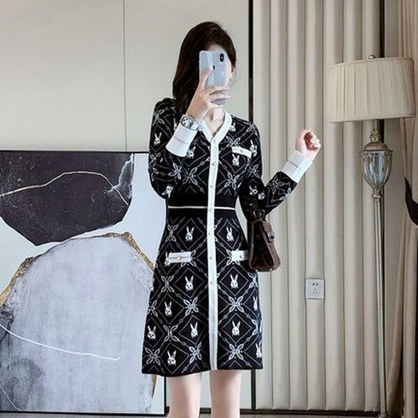 

casual dresses 2021 fall winter french vintage small fragrance knitting sweater dress women v-neck long sleeve mini robe femme, Black;gray