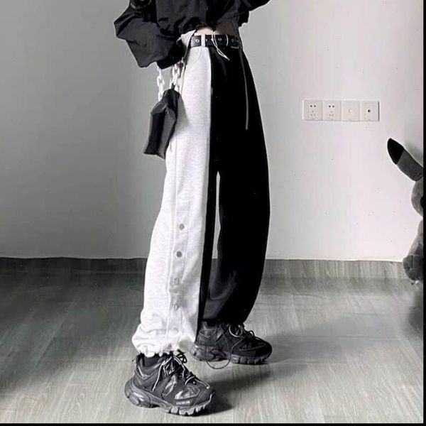 

gothic punk wide leg ins women capris high waist drape contrast stitching straight casual sports beam korean style, Black;white