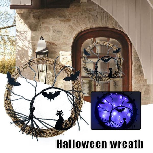 

decorative flowers & wreaths 37cm lighted halloween wreath for front door decor black bat cat pendant home party supplies