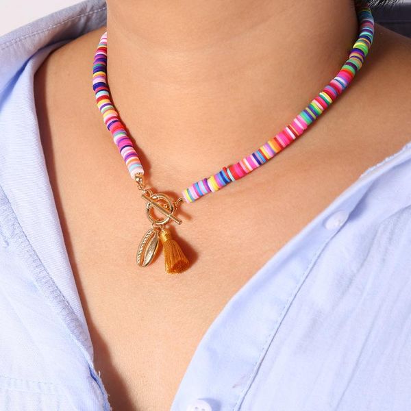 

chokers rainbow color soft pottery necklace bohemian shell tassel winding party travel for friends girls women jewelry gift, Golden;silver