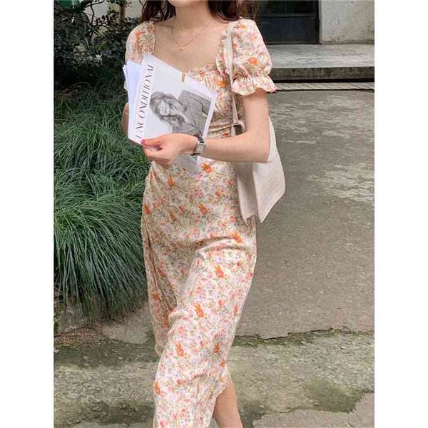 Quadrado Pescoço Laço Doce Laranja Floral Buff Manga Dress Mulheres Verão Verão Coreano Moda Roupas 210520