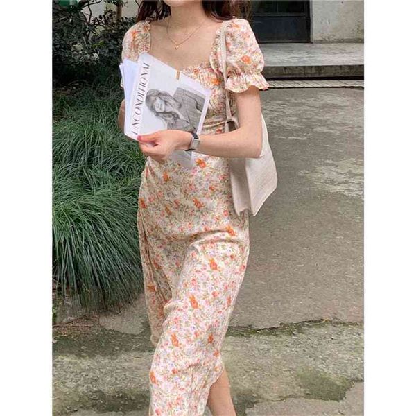 

square neck lace sweet orange floral puff sleeve dress women summer korean fashion clothing 210520, Black;gray