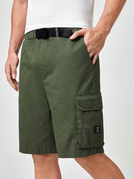 

men letter patched buckle belted shorts 98fj#, Black