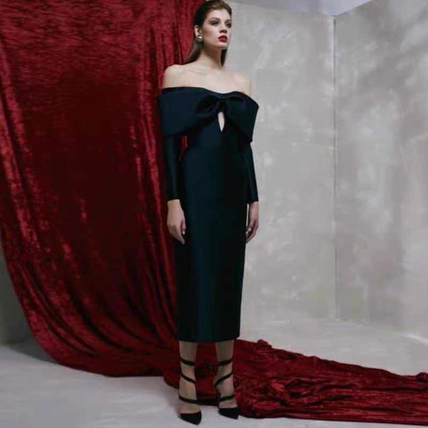 

summer women off shoudler black bow bandage dress hollow out long sleeve midi evening club party lady 210423, Black;gray