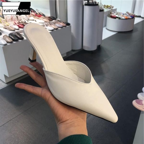 

summer shoes women pointed toe slip on sandals pu leather office ladies thin high heels slippers fashion white, Black