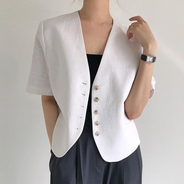 

women's suits & blazers [ewq] korea chic summer casual fashion v-neck single-breasted solid color loose short-sleeved suit jacket women, White;black