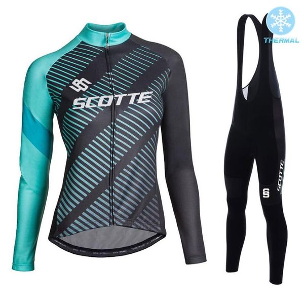 

racing sets 2021 winter women gs green scotte long cycling jersey 9d bib set bicycle clothing thermal fleece bike jacket mens wear, Black;blue