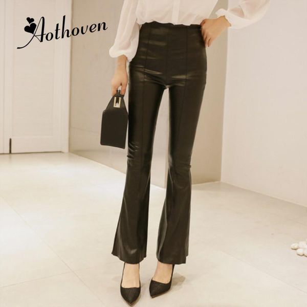 

women's pants & capris 2021 autumn winter leather high waist slim trousers women casual skinny pu flare leggings, Black;white