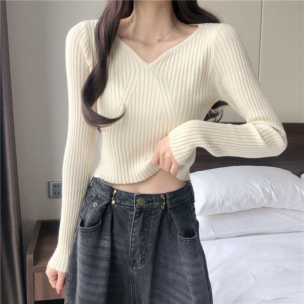 

women's sweaters autumn and winter v collar collarbone pit strip thin long-sleeved sweater computer knitted full for women, White;black