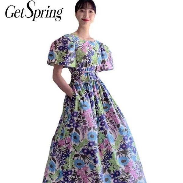 

getspring women dress chic puff sleeve printed vintage square neck lace up loose long es summer ladies es 210601, Black;gray
