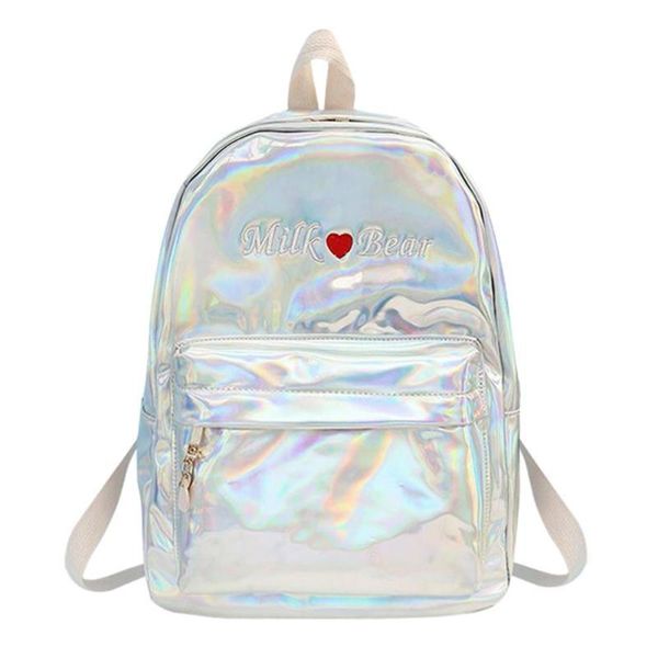 

holographic laser pu women backpack fashion design embroidery teenage girls shoulder school bag outdoor bags mochila feminina