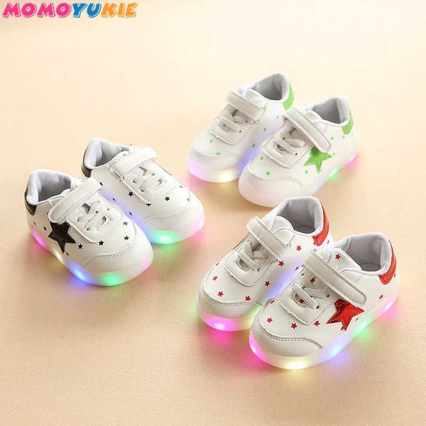 Primavera e verão criança crianças sneaker moda casual estrela led iluminar sapatos de couro para meninas meninos sapatilhas à prova d 'água soft 210713