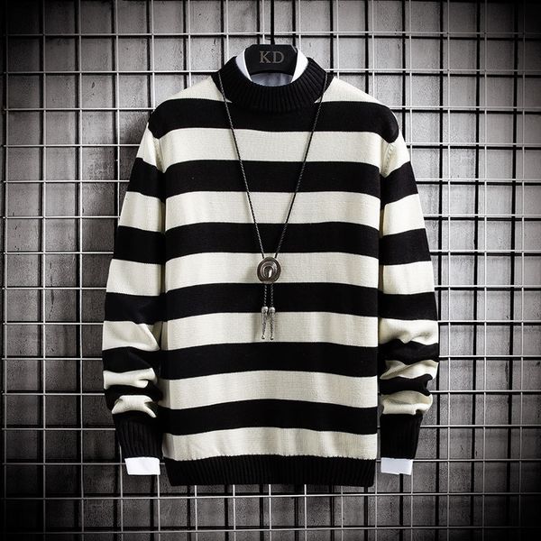 

sweater knit men's clothing autumn and winter stripe t shirt small high collar pullover trend backing, White;black