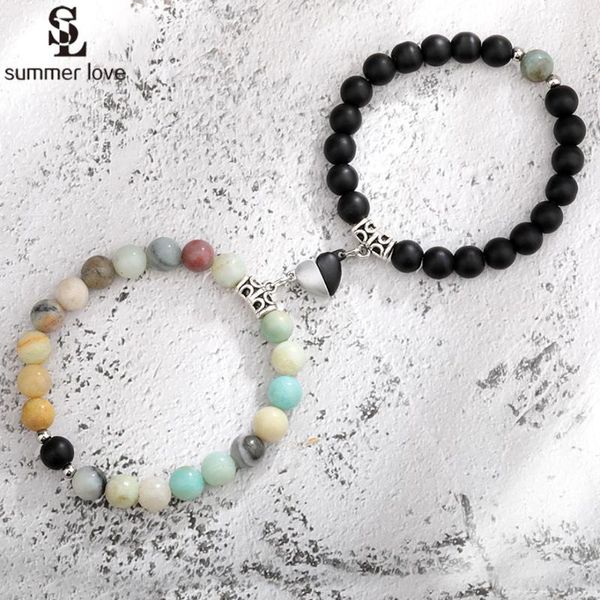 

beaded, strands 2pcs natural stone beads bracelet set for women men attractive distance heart magnetic bracelets friendship couple jewelry 2, Black