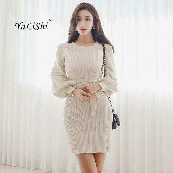 

casual dresses solid pencil dress 2021 women autumn black beige full sleeve o-neck office knitting mini elegant work lady, Black;gray
