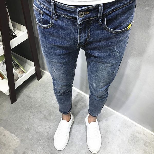 

men's jeans fashion social spirit guy personality all-match ankle length trendy brand slim feet pencil pants tights, Blue