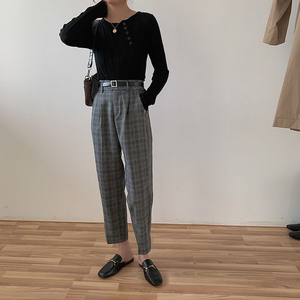

capri 2021 autumn vintage korean-style plaid office retro ladies pantsuit women's pants, Black;white