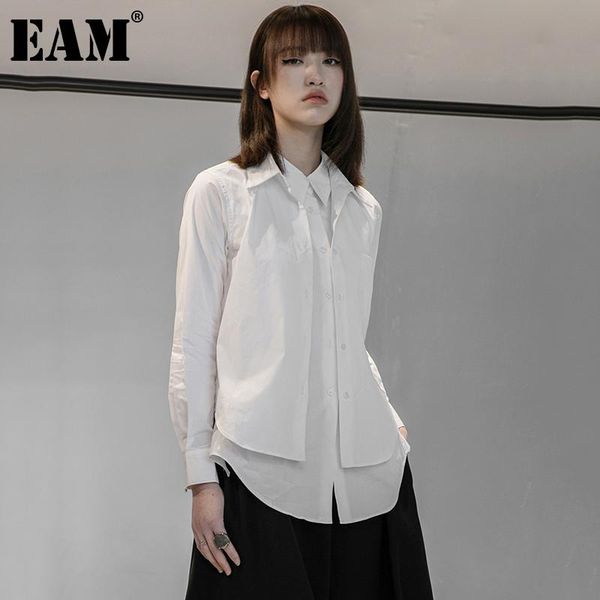 

women's blouses & shirts [eam] women white black double layers spliced blouse lapel long sleeve loose fit shirt fashion spring autumn 2